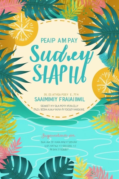 swimming pool party invitation, artistic water clipart, leaves clipart on the corner, bright and positive vibe, sunlight, birthday invitation cardd