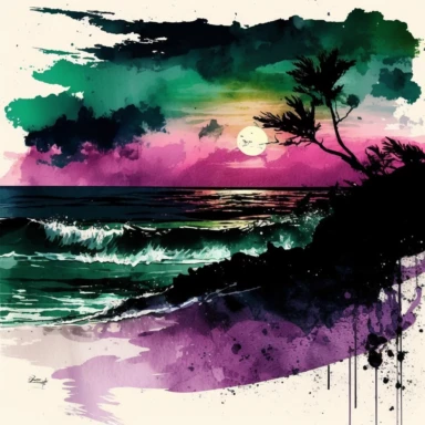 Purple Black Green Mix Paul Lehr Style Watercolor Beach Ocean Retro Sunset Clipart, Colorful and white Background -