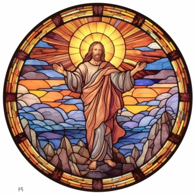 a stained glass glass with the glory of Jesus’ resurrection, in the style of watercolor illustrations, energy-filled illustrations, scientific illustrations, hand-coloring, tondo, clipart, circular shape,