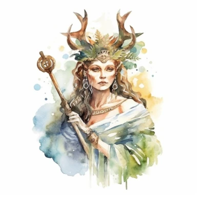 Pagan style Mother Mature Goddess with watercolor effect,Kelt mythology scene,suitable for digital clipart,white background
