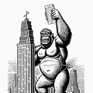 retro cartoon comic of king kong attached to the top of the empire state building taking a selfie with an iphone, with a cable from his body connected to car battery, black and white vintage art clipart illustration, white background,