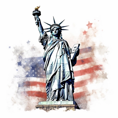 American flag, American, Statue of Liberty, Clipart watercolor, architect, travel, no watermark, text, brush , 300 DPI , typography, shapes do not stick together, no text in the picture