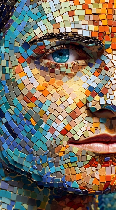 Close-up photography, mosaic, tessellated patterns. A close-up photograph of a male character looking into the camera, transformed into a mesmerizing mosaic artwork with intricate tessellated patterns, combining vibrant and harmonious colors to create a captivating visual experience. Clipart graphic, vector, contour, white-background