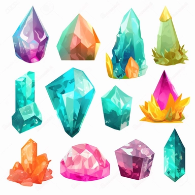 cartoon images of crystal clipart in bright vibrant colors on a white background