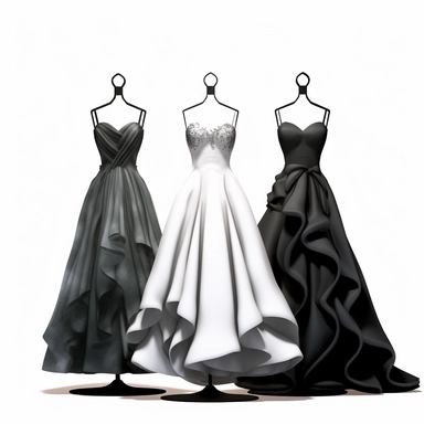 2d illustration of 4 prom dresses, fashion illustration, clipart, illustration, spaghetti strap dress with ball gown petticoat, black satin, on mannequin, white background, 360dpi, chaos 90