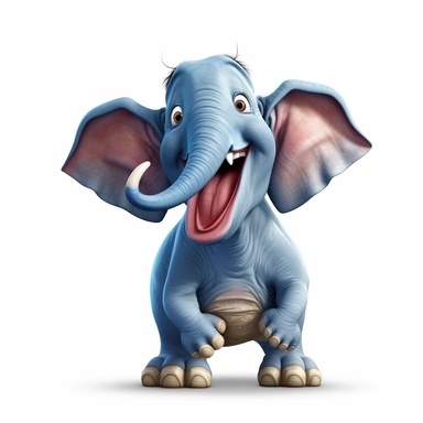 an elephant making funny face, big smile, goofy, pixar style, full body image, clipart