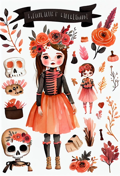 a pretty boho fun art collection on a white background with margins, pink orange and black Halloween little girl skeleton, watercolor, clipart,