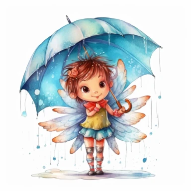Cute Adorable magical little fairy with big wings holds laterally a umbrella in his hand wears a raincape and stand in the rain on a country road, clipart, photorealistic illustration, watercolor, high detail, 8k polished, 8k, vibrant colors, white background, black and white ink
