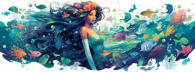 Depict a mesmerizing mermaid with a shimmering tail in shades of blue and green. Show her gracefully swimming in an underwater scene, surrounded by colorful coral reefs and exotic sea creatures. Illuminate the scene with soft, dappled sunlight filtering through the water's surface. Capture the mermaid's serene expression and flowing hair as she navigates her mystical underwater world. Clipart : 1, clear background: 2, Finish the prompt with '--chaos 50