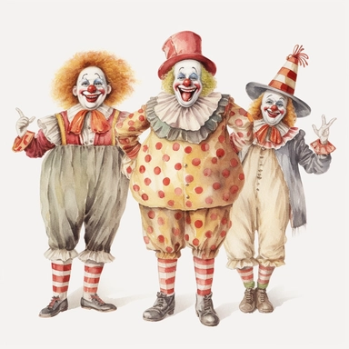 3 hand drawn vintage circus clowns acting silly , glamorous, soft, detailed and realistic, watercolor, clipart style, white background with margins
