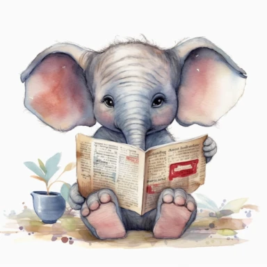 Create a watercolor illustration clipart of a playful cute Baby Elephant Reading a newspaper with glasses, with its full body visible. Use soft, flowing brushstrokes and a warm, inviting color palette to create an image that is both charming and whimsical. Incorporate intricate details like the motion of Baby Elephant Reading a newspaper with glasses to create a lifelike, realistic image. Can add other elements to the illustration like related item to play to create playful scene. Use white back