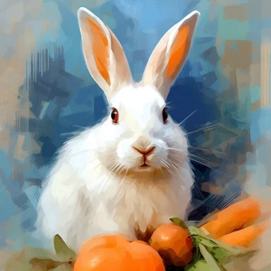 bunny with carrot clipart, in the style of infused symbolism, white and azure, contest winner, distinctive noses, petcore, wimmelbilder, controlled spontaneity--ar1:1