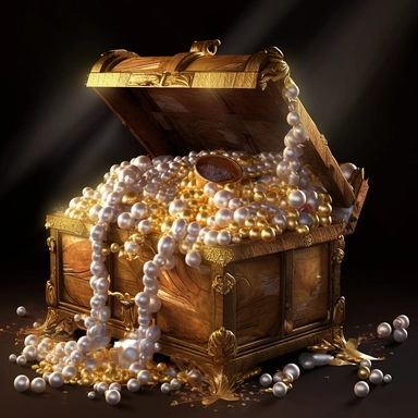 Clipart,A treasure chest overflowing with pearls and gold coins, hyperrealistic, hyper high definition