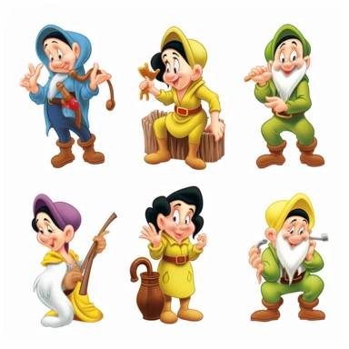 snow white and the seven dwarfs cartoon characters, in the style of highly stylized figures, pensive poses, the bechers' typologies, green and gold, uniformly staged images, energetic expressions, group f/64, disney snow white and seven dwarfs png, in the style of simplified compositions, light orange and dark green, expressive comic panels, disfigured forms, uniformly staged images, high resolution, realistic yet stylized, disney snow white characters clipart image, in the style of lively group