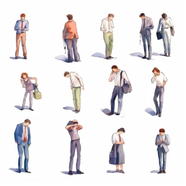 watercolor, Set of busy people in stress and fatigue at work. Employees are overloaded with business tasks. Office workers in anger and anxiety. Burnout concept. png Full body realistic cartoon in 32K UHD cute. 15 cm thick outline. Black color. There was no shadow on the ground. 8k with realistic watercolors and detailed illustrations. PNG clipart, transparent white background