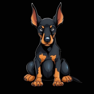 cute cartoon doberman dog sitting clipart, black background,--no cut off edges