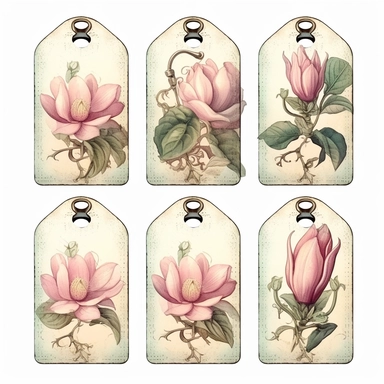 victorian number tags, clipart, isolated, with boquet of magnolia flower and delicate vines