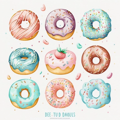 6 Watercolor doughnuts clipart, hd, isolated on white background, spaced out ar 3:2 s1000
