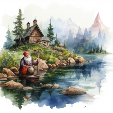 gnome fishing, mountain lake, cabin, vibrant color, clipart, watercolor illustration, white background