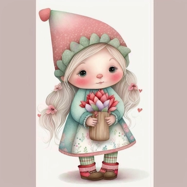A cute Christmas girl elves doll girl pink and mint pastel clothing holding Christmas gift , Christmas, clipart, white background, 32k uhd, insanely detailed and sharp, flickr, plush doll art, soft faded colors, fairy tale watercolor art by Susan Wheeler, Thomas Kinkade and Marjolein Bastin