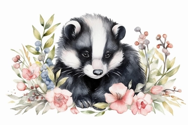 Watercolor cute baby skunk clipart, floral, for nursery, hd, on white background