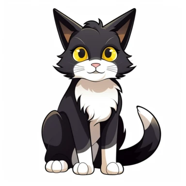 cute cartoon cat, black and white cat,smooth fur, black face with a little bit white by mouth, white paws, black legs, yellow eyes, full body sitting, white background, clip art, vector graphic