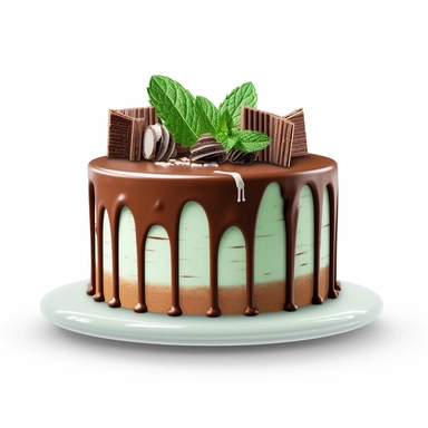 Create a clipart image of a chocolate mint birthday cake white background. Showcase a chocolate cake layered with mint-flavored buttercream frosting and garnished with chocolate mint leaves.