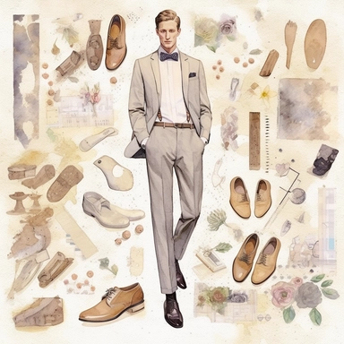 wedding watercolor graphics, subtle neutral pastel tones, sparklecore, embossed paper, Create a dashing wedding clipart featuring sleek and polished groom's shoes, exuding a sense of style and refinement, completing the groom's ensemble for a truly memorable wedding celebration, candid, multi-layered