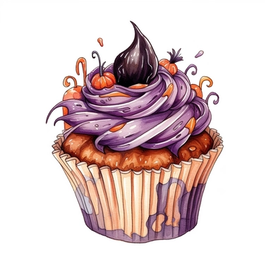 Ella bailey watercolour illustration with black gel pen outline style Halloween cupcake, high definition, no drips,16k, insanely detailed, fine detail, sharp focus, illustration, white background, isolated clipart vector
