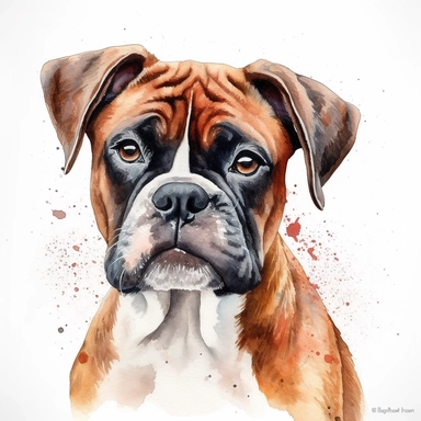 cute Mahogany Boxer dog portrait, full face, centered shot, side shot, dynamically posed, in action, playful mood, happy mood, playing mood, cute face, adorable smile, childlike eyes, clean watercolor illustration, white background, nursery baby imagery, painting, detailed, 8k, PNG, clipart,