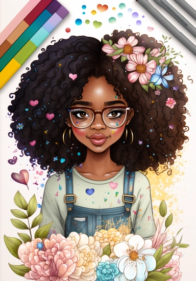 2d watercolor clipart kawaii, spring, april, character of beautiful african american woman, Intricately rendered dark Skinned woman, full body portrait, intricately rendered, 8k, long thick curls brown hair, sparkles, generously detailed, hyper realistic, digital, long rainbow eye lashes, beautiful retro comic urban chick, smart, books, nerdy, glasses, 8k,