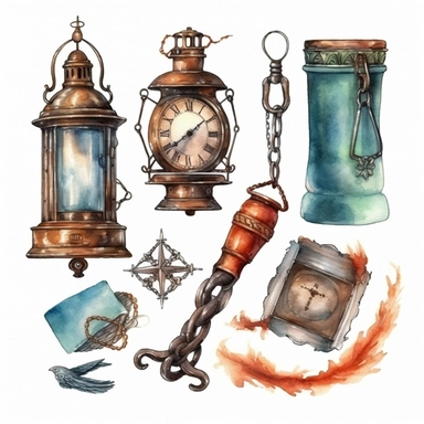 Watercolor illustrations: vintage lantern, lock and keys, watch and compass, feather pen, inkwell and chains. isolated. Hand drawn illustrations. Clip art