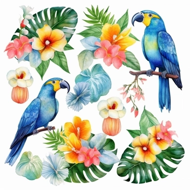 Watercolor Tropical Summer Clipart, Blue Hawaiian Cocktail, Hibiscus, Plumeria flowers with Palm leaves, Tropical Birds, Parrots, Seascape