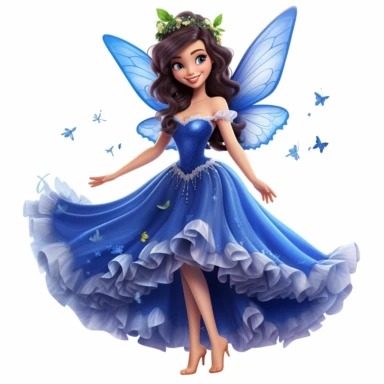 a beautiful smiling fairy girl, royal blue dress, big fairy wings, lovely butterflies all around her, pixar style, full body image, clipart, white background
