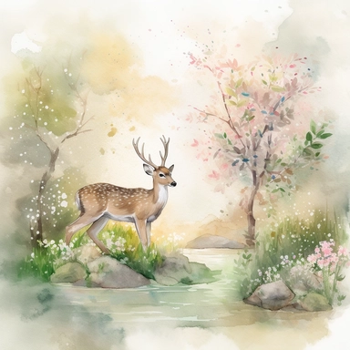 Watercolor clipart of a graceful woodland deer, its soft beige coat touched with spots of white, gently sipping from a clear brook, environment brimming with vivid spring flowers and vibrant green foliage, an atmosphere of tranquility and the renewal of life, Illustration, digital watercolor using a textured brush for a hand-painted effect,