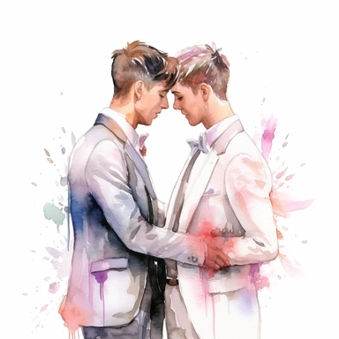 watercolour wedding couple gay, clipart on white background, highly detailed, professional color gradation, clean sharpness
