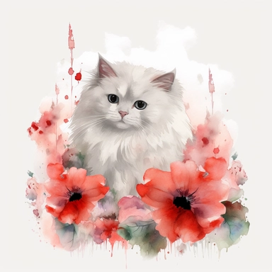 white fluffy cat with poppies, flowers, clipart pastel, style is watercolor, isolated, white background, soft face, Adorable, Charming , Endearing , fluffy, Furry, Gentle, innocent Playful, Precious, soft, Sweet, Tender, Whimsical, 4k