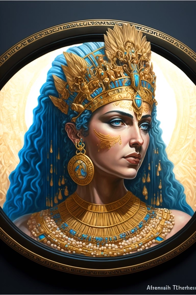 a painting of a woman with a crown on her head, egyptian art, by Bracha L. Ettinger, metaphysical painting, big disc of planet, glowforge template, greg hildebrandt highly detailed, large round window, colored accurately, clipart, very very beautiful art, telegram sticker, astrology