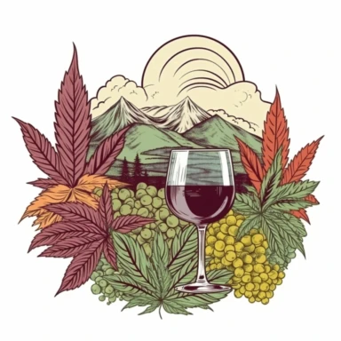 marijuana leaves, wine glass and mountains circular hand drawn jamaican colored clipart vector illustration