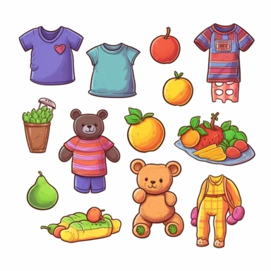 a set of nine separate items, red flag, green grass, blue dress, pink T-shirt, orange tangerine, yellow shoes, white cloud, purple grapes, a brown bear, a black cute butterfly, cartoon, clipart, thick lines, line art
