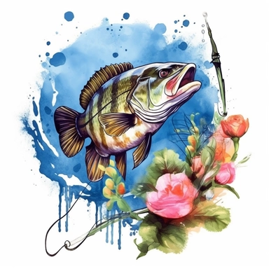 Gone Bass on the rod Fishing Sublimation Clipart, Watercolor Illustration clipart, 4K, extremely detailed