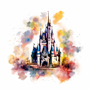 disney mickey mouse in a watercolour syle infront of cinderella castle, clipart