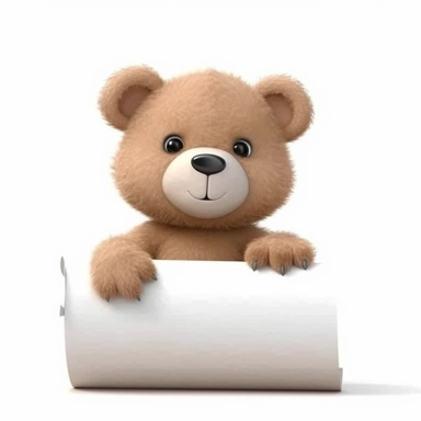 3d very cute brown Teddy bear holding a blank piece of paper in its paws, clipart cartoon style, low angle, simple white background, vivid, digital art, 8k, high quality