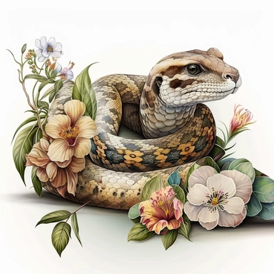 cute boa constrictor, clipart, flowers, realistic, very detailed, white background