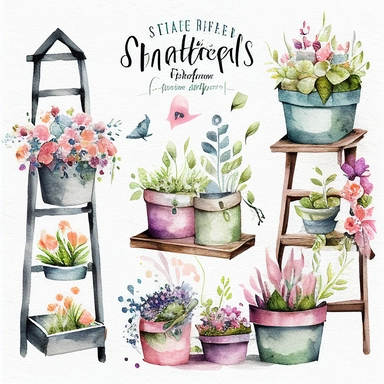Watercolor Spring Planters Clipart - springtime cute planter boxes and garden ladders