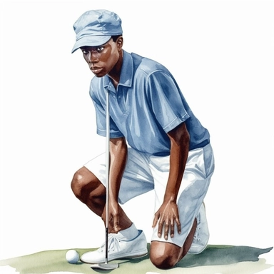 Idyllic watercolor clipart of a young modern African american male golfer in close fitting blue and white sports golf clothes standing with his putting club on the putting green, isolated on a pure white background, insane detail,