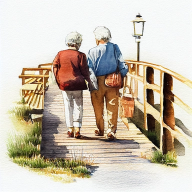 Old Couple Watercolor Clipart walking along a boardwalk with back towards us