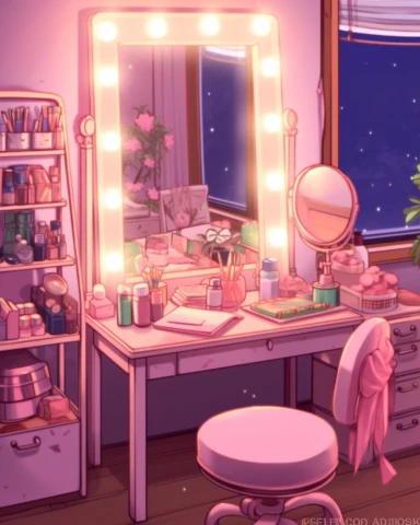Vanity Area clipart A well-lit vanity area would be a must-have for a girly model. It would consist of a chic dressing table with a large mirror, surrounded by makeup organizers, brushes, and beauty products. The vanity might also include a selection of perfumes and jewelry Illustration Anime in the style of KR0nPR1NZ or Ilya Kuvshinov