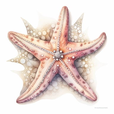 Watercolored pencil style illustration, boho style fantasy starfish, pink, beige and silver, isolated on a white background, PNG file clipart style, Dennis Wojtkiewicz, Amanda Clark, Lowell Herrero,