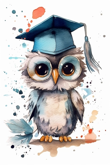 Create a watercolor clipart picture of a cute and happy baby owl wearing a graduation cap. The owl should have an adorable and delighted expression, with its feathers depicted in soft watercolor textures. The graduation cap should be adorned with a tassel and placed on the owl’s head. Surround the owl with celebratory elements such as confetti, balloons, and diplomas.
